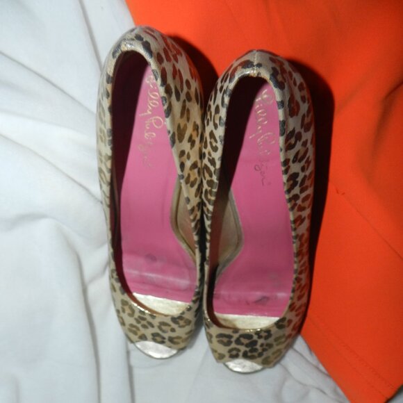 LILY PULITZER GOLD METALLIC LEOPARD WEDGE PEEP TOE 📦🏃💨⚡🚚 - Picture 9 of 16